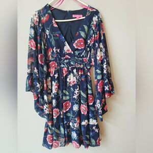 Betsey Johnson V-Neck Bell Sleeve Floral Short Boho Dress Navy Blue Floral Sz 10